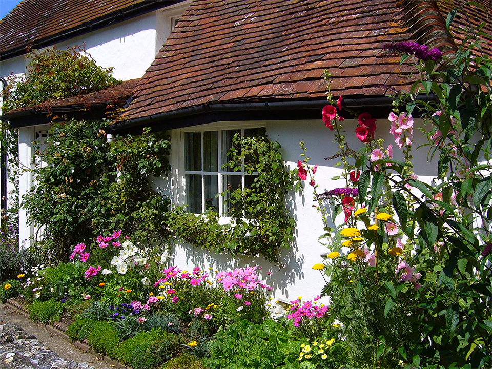 Vorgarten im Bauernstil mit Wandpflanzen und Stauden