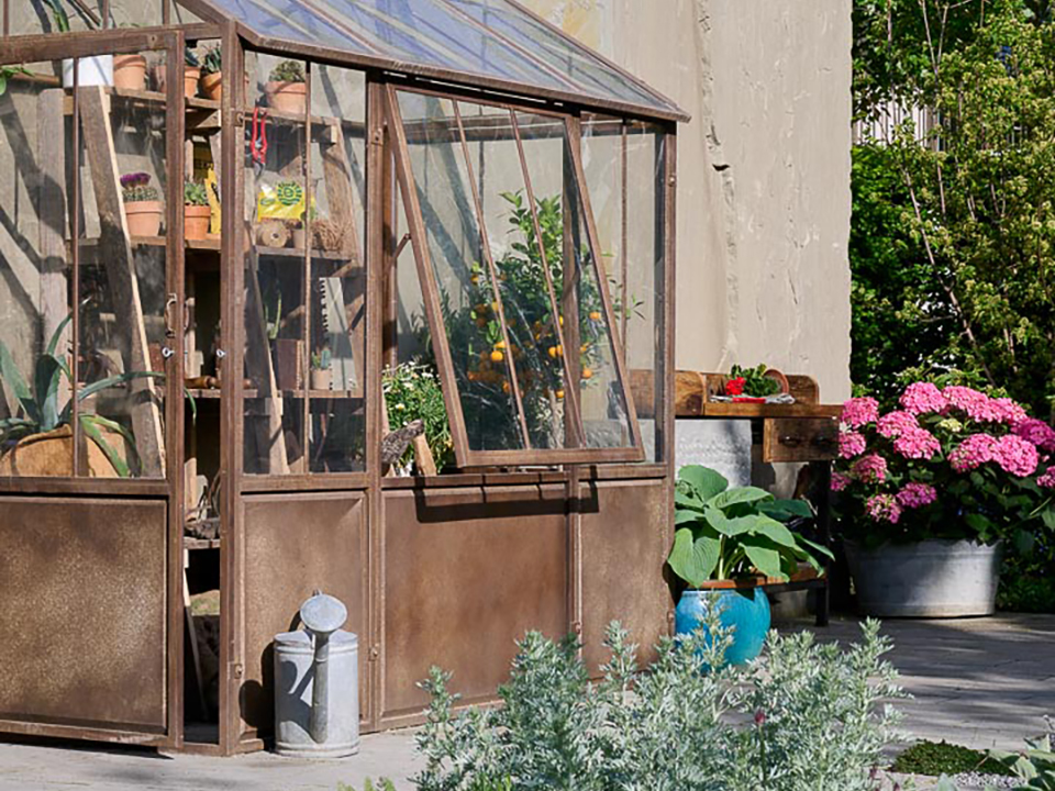 Gewächshaus im Garten mit Pflanzen und Nachpflanzen